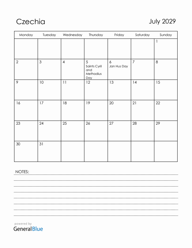 July 2029 Czechia Calendar with Holidays (Monday Start)