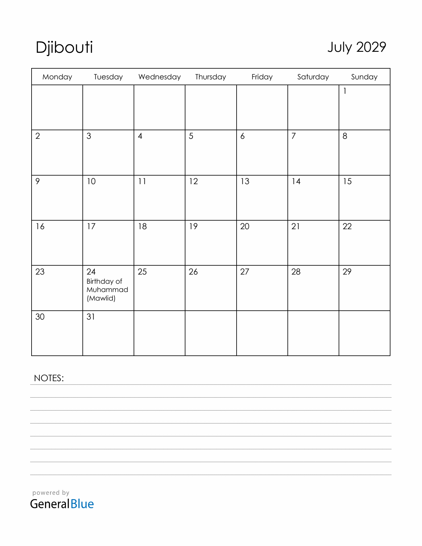 July 2029 Djibouti Calendar with Holidays (Monday Start)