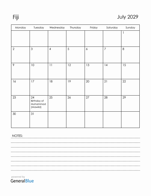 July 2029 Fiji Calendar with Holidays (Monday Start)