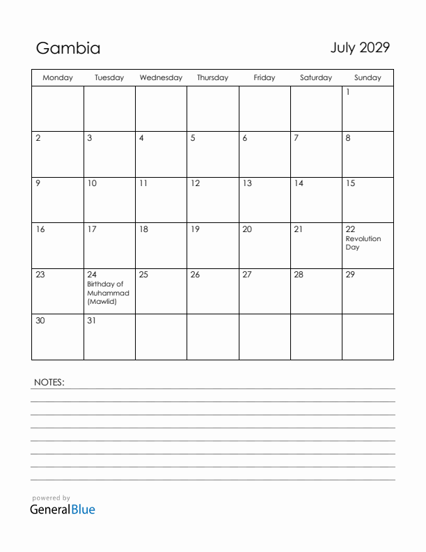 July 2029 Gambia Calendar with Holidays (Monday Start)
