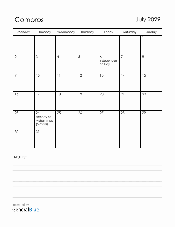 July 2029 Comoros Calendar with Holidays (Monday Start)