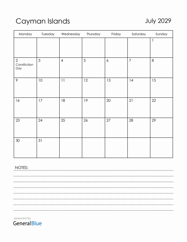July 2029 Cayman Islands Calendar with Holidays (Monday Start)