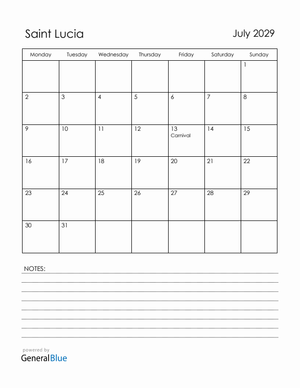 July 2029 Saint Lucia Calendar with Holidays (Monday Start)