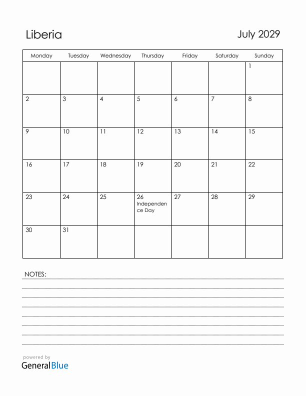 July 2029 Liberia Calendar with Holidays (Monday Start)