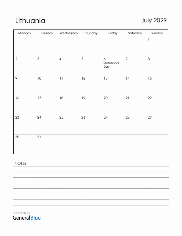 July 2029 Lithuania Calendar with Holidays (Monday Start)
