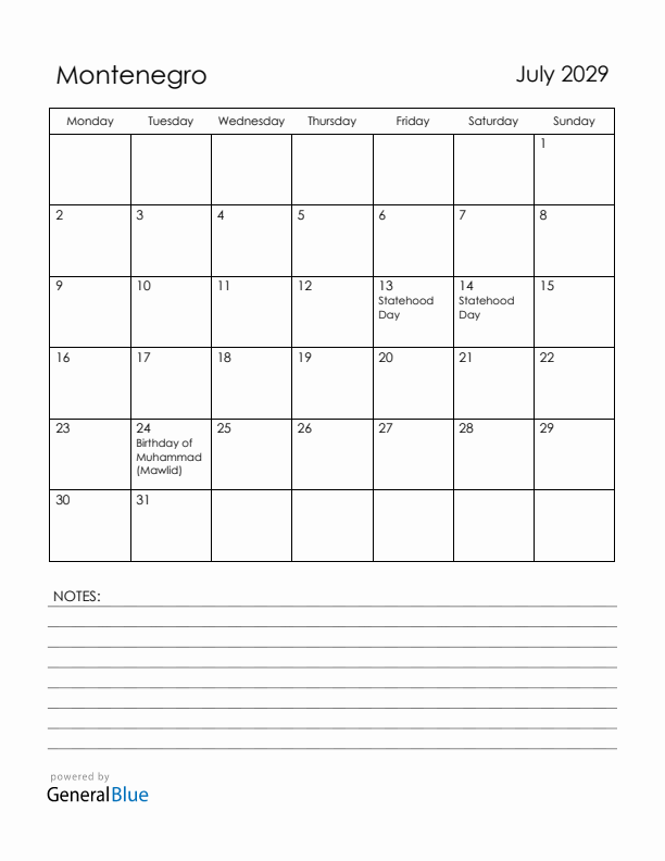 July 2029 Montenegro Calendar with Holidays (Monday Start)
