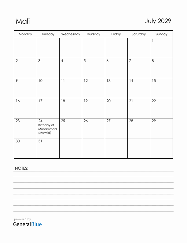 July 2029 Mali Calendar with Holidays (Monday Start)