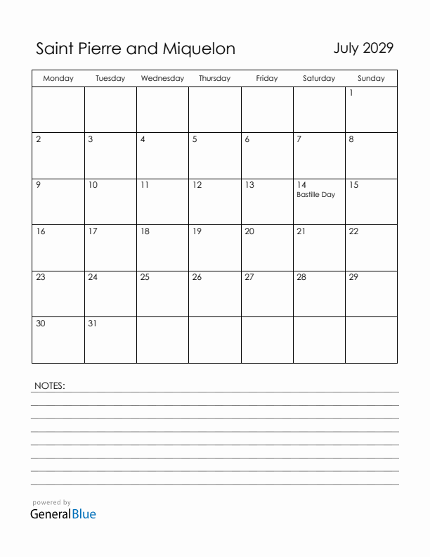July 2029 Saint Pierre and Miquelon Calendar with Holidays (Monday Start)