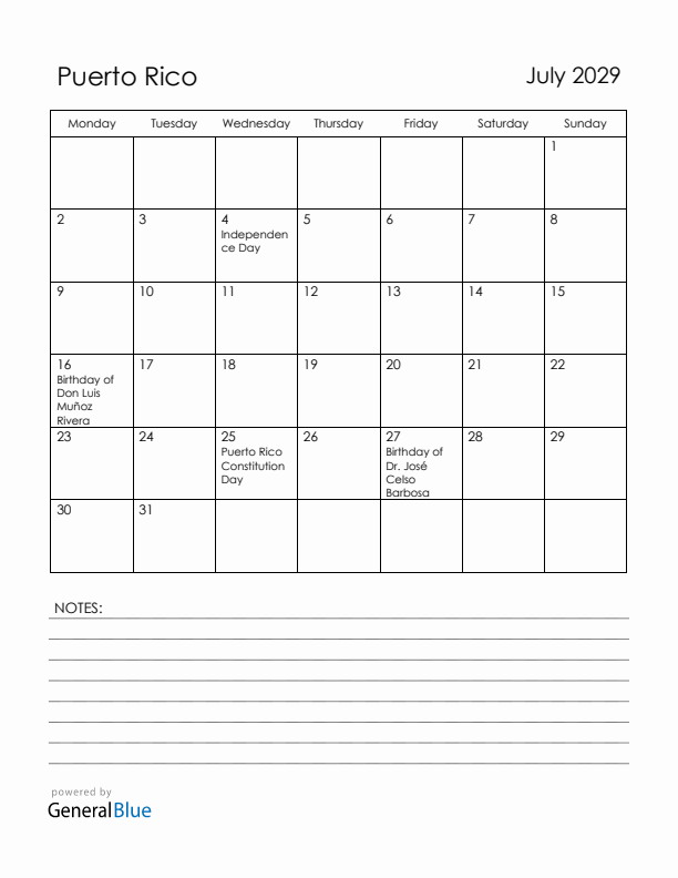 July 2029 Puerto Rico Calendar with Holidays (Monday Start)