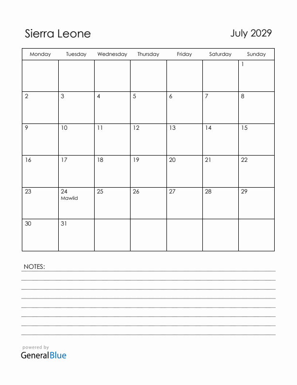 July 2029 Sierra Leone Calendar with Holidays (Monday Start)