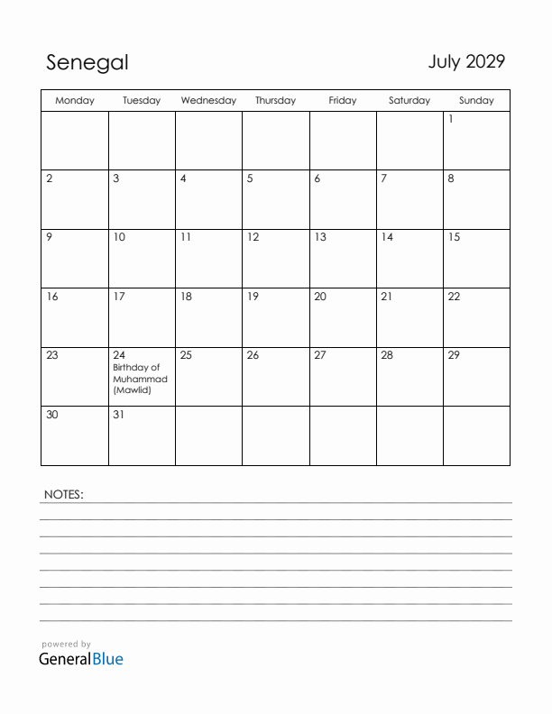 July 2029 Senegal Calendar with Holidays (Monday Start)