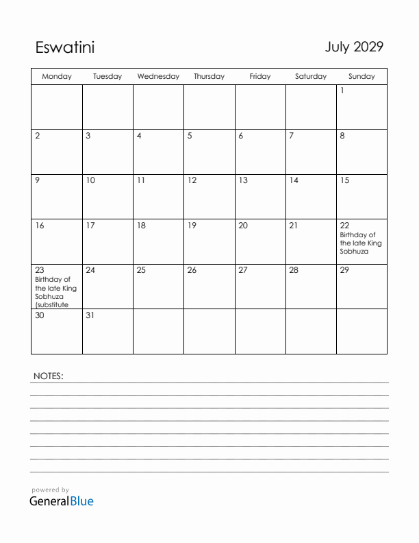 July 2029 Eswatini Calendar with Holidays (Monday Start)