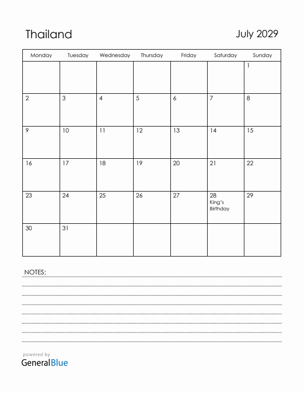 July 2029 Thailand Calendar with Holidays (Monday Start)