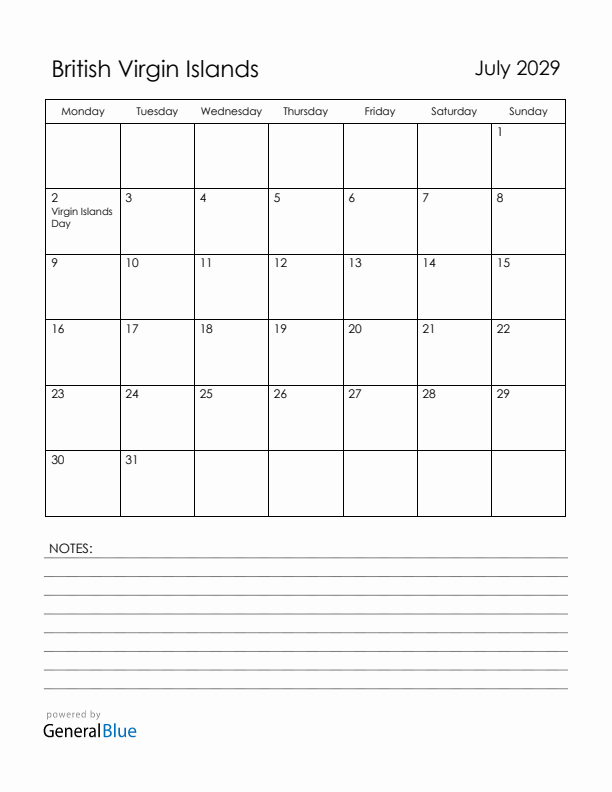 July 2029 British Virgin Islands Calendar with Holidays (Monday Start)