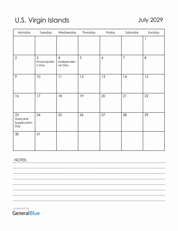 July 2029 U.S. Virgin Islands Calendar with Holidays (Monday Start)