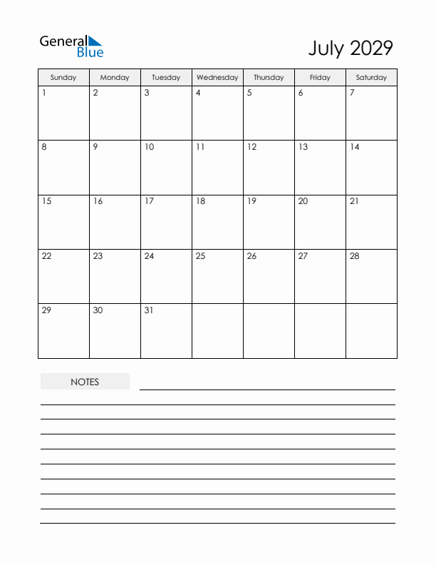 Printable Calendar with Notes - July 2029 