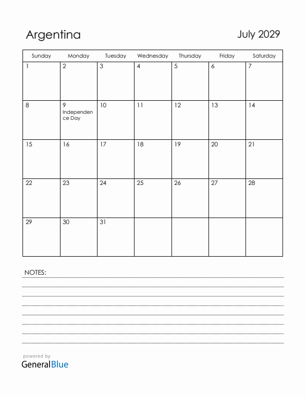 July 2029 Argentina Calendar with Holidays (Sunday Start)