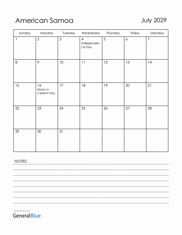 July 2029 American Samoa Calendar with Holidays (Sunday Start)