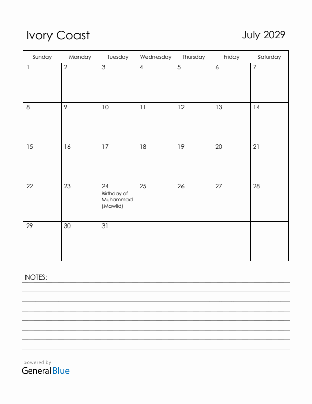 July 2029 Ivory Coast Calendar with Holidays (Sunday Start)