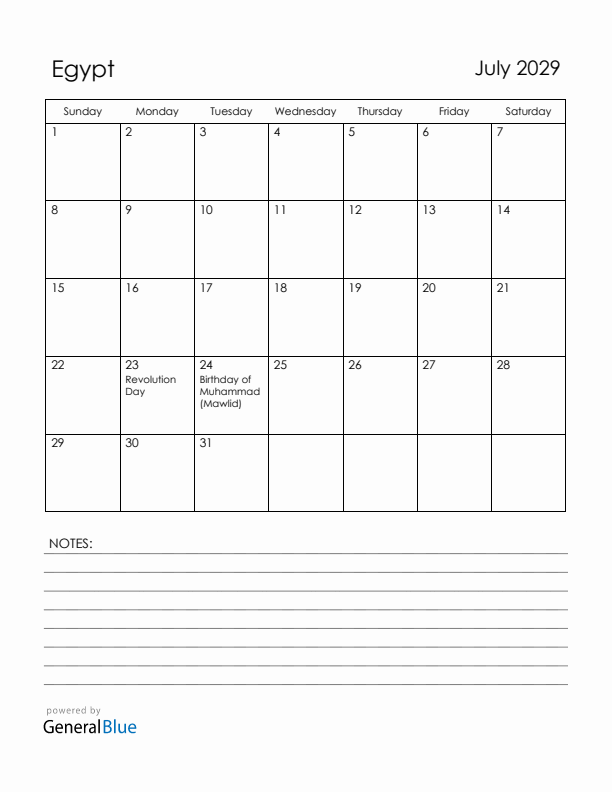 July 2029 Egypt Calendar with Holidays (Sunday Start)
