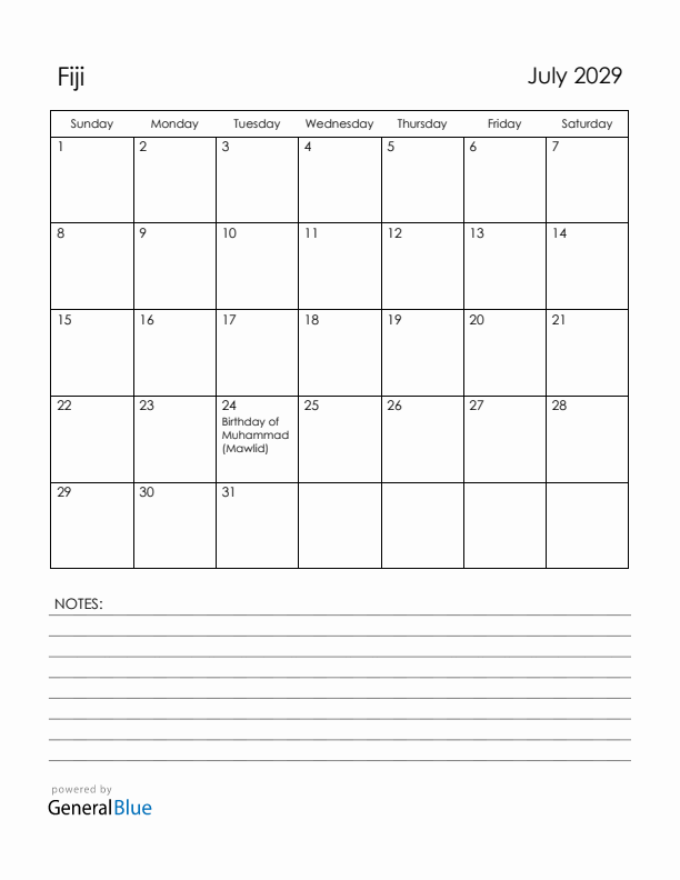 July 2029 Fiji Calendar with Holidays (Sunday Start)
