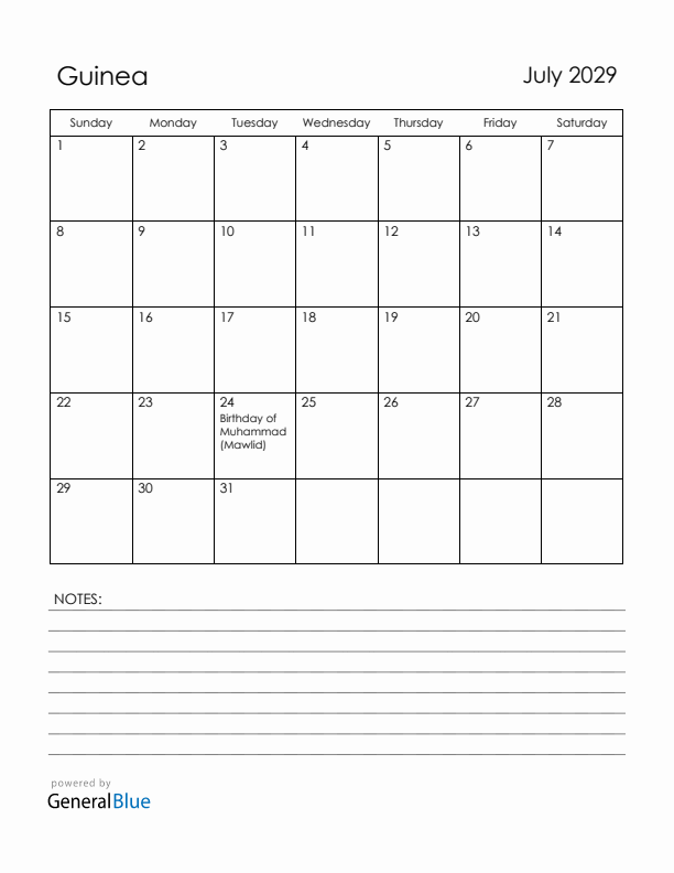 July 2029 Guinea Calendar with Holidays (Sunday Start)