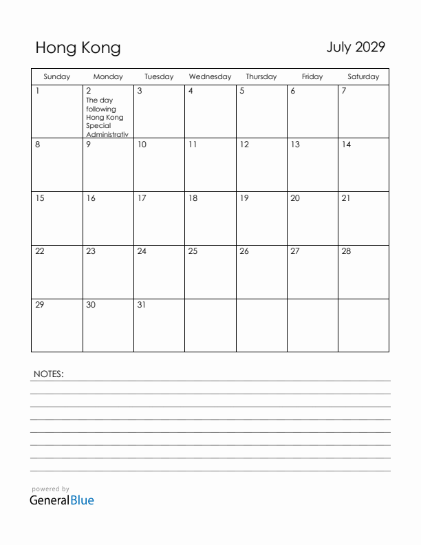 July 2029 Hong Kong Calendar with Holidays (Sunday Start)