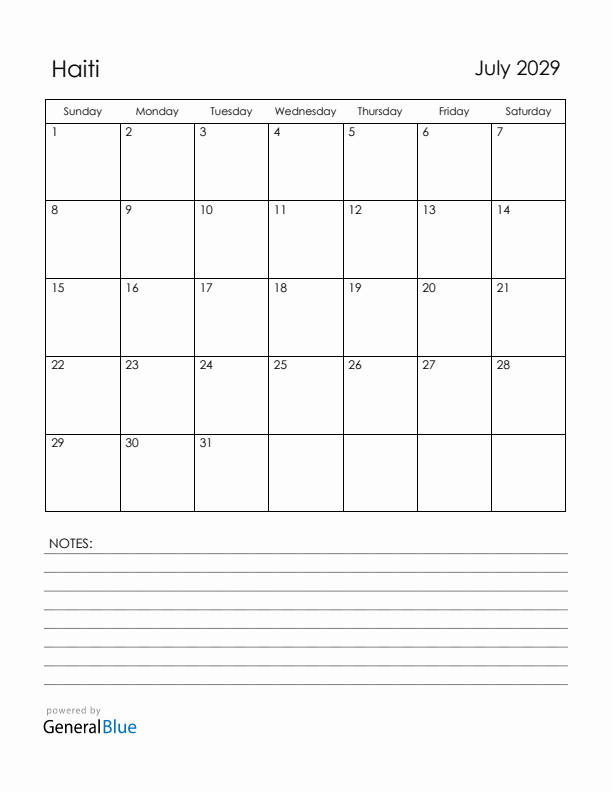 July 2029 Haiti Calendar with Holidays (Sunday Start)