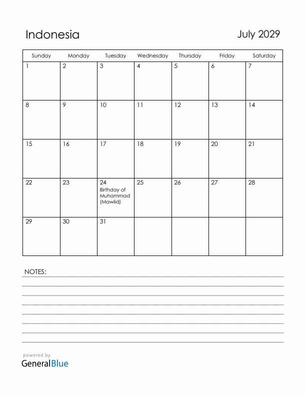 July 2029 Indonesia Calendar with Holidays (Sunday Start)