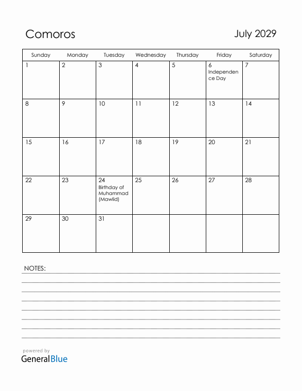 July 2029 Comoros Calendar with Holidays (Sunday Start)