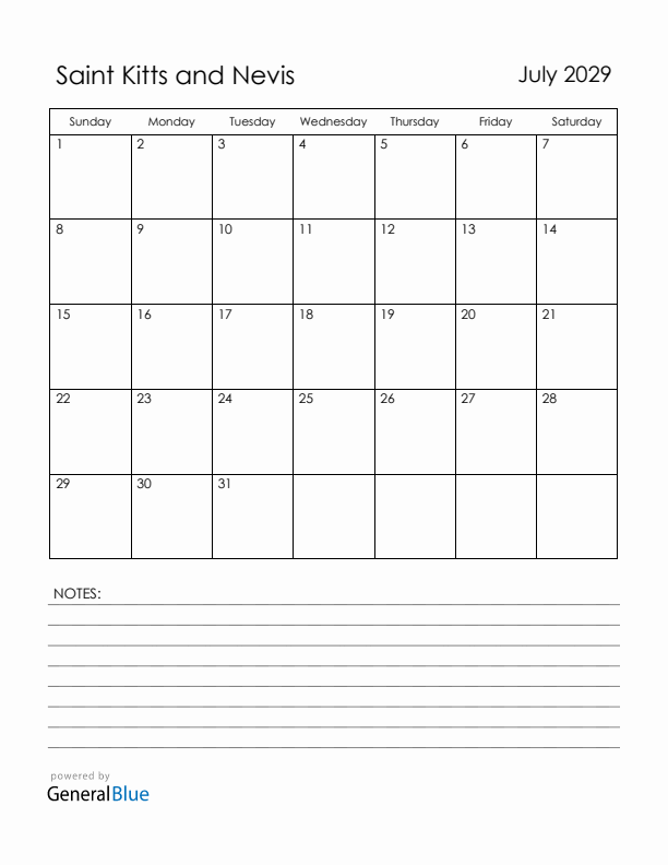July 2029 Saint Kitts and Nevis Calendar with Holidays (Sunday Start)
