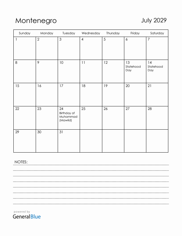 July 2029 Montenegro Calendar with Holidays (Sunday Start)