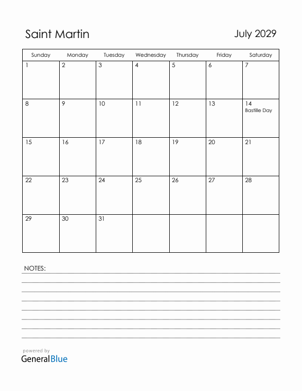 July 2029 Saint Martin Calendar with Holidays (Sunday Start)