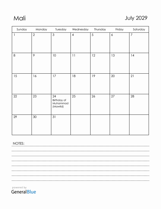 July 2029 Mali Calendar with Holidays (Sunday Start)