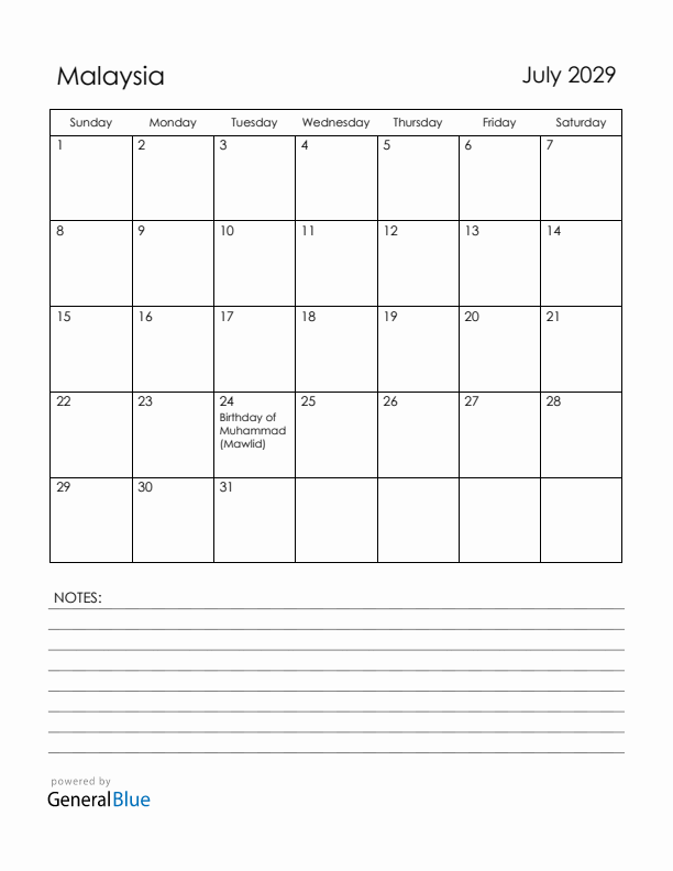 July 2029 Malaysia Calendar with Holidays (Sunday Start)