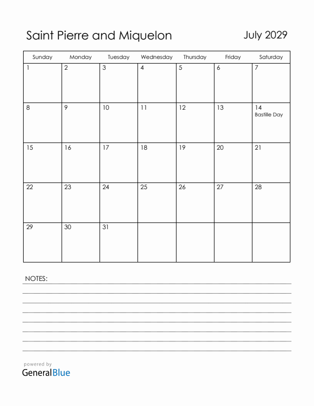 July 2029 Saint Pierre and Miquelon Calendar with Holidays (Sunday Start)