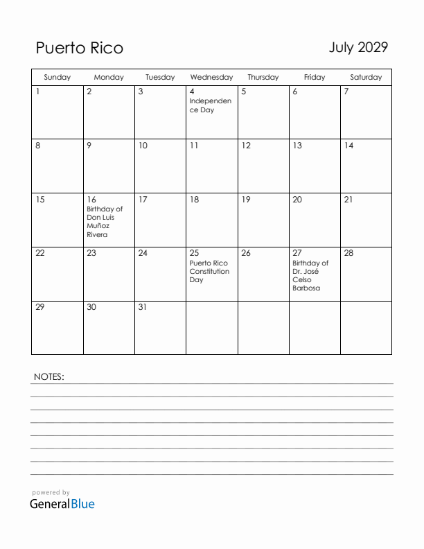 July 2029 Puerto Rico Calendar with Holidays (Sunday Start)