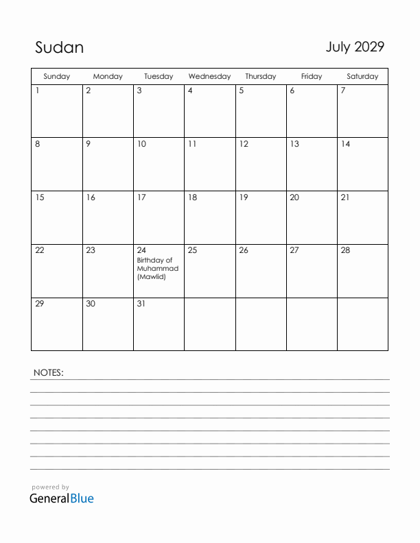 July 2029 Sudan Calendar with Holidays (Sunday Start)
