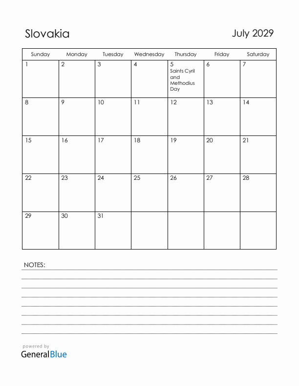 July 2029 Slovakia Calendar with Holidays (Sunday Start)
