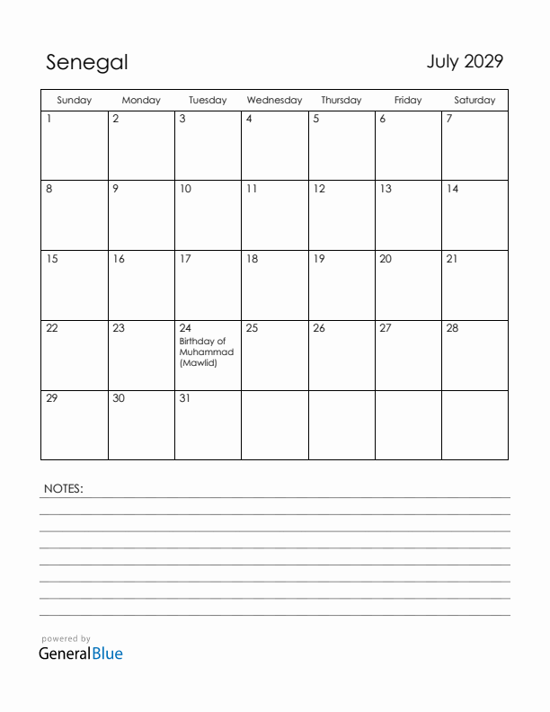 July 2029 Senegal Calendar with Holidays (Sunday Start)