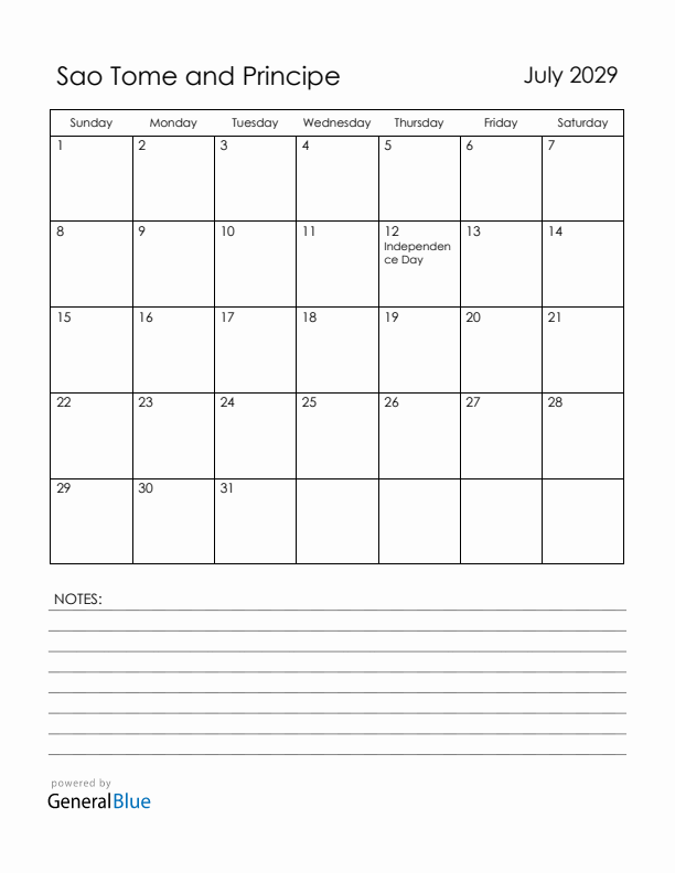 July 2029 Sao Tome and Principe Calendar with Holidays (Sunday Start)