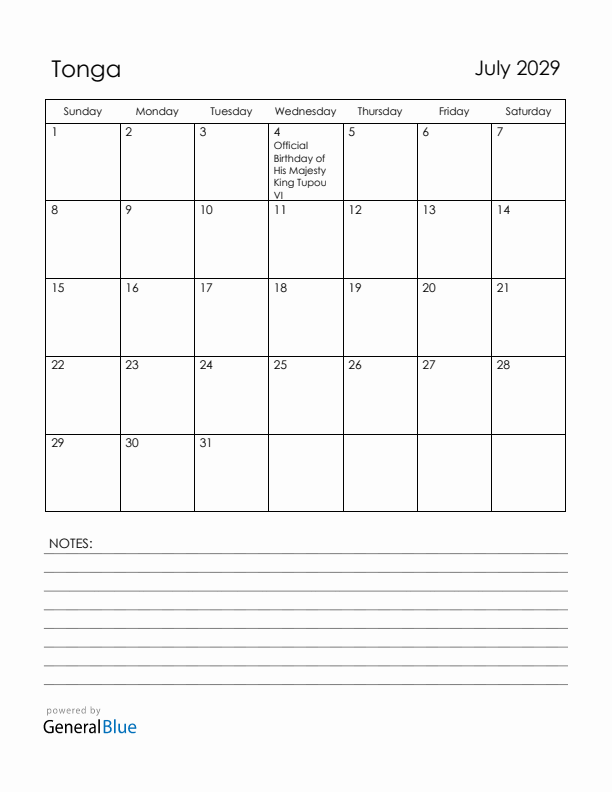 July 2029 Tonga Calendar with Holidays (Sunday Start)