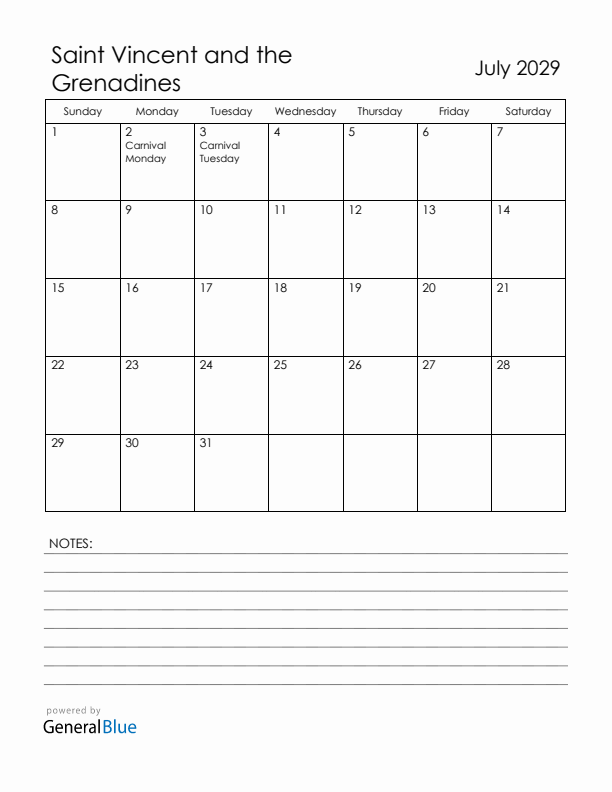 July 2029 Saint Vincent and the Grenadines Calendar with Holidays (Sunday Start)