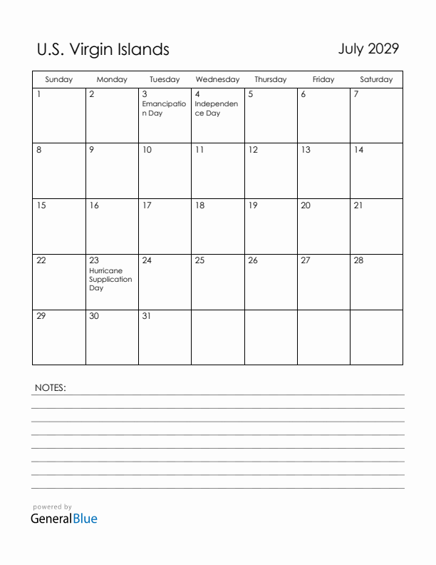 July 2029 U.S. Virgin Islands Calendar with Holidays (Sunday Start)