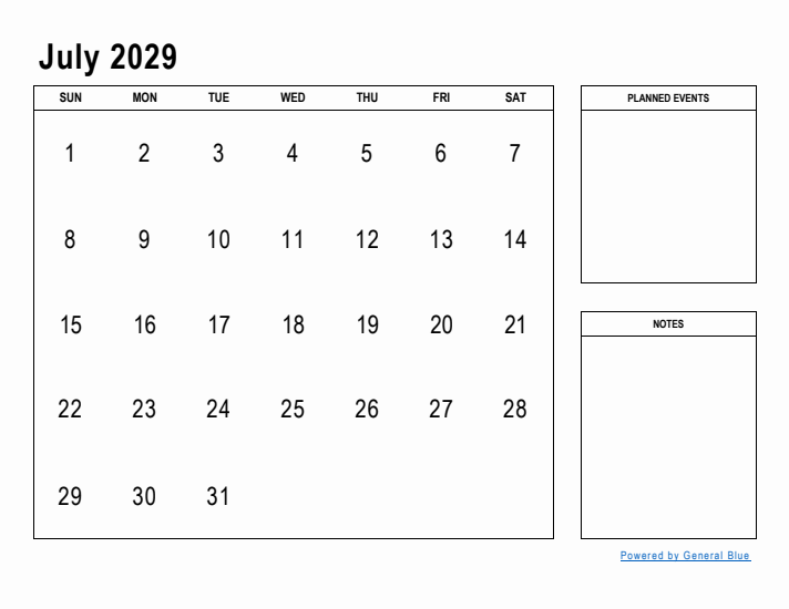 July 2029 Calendar Planner