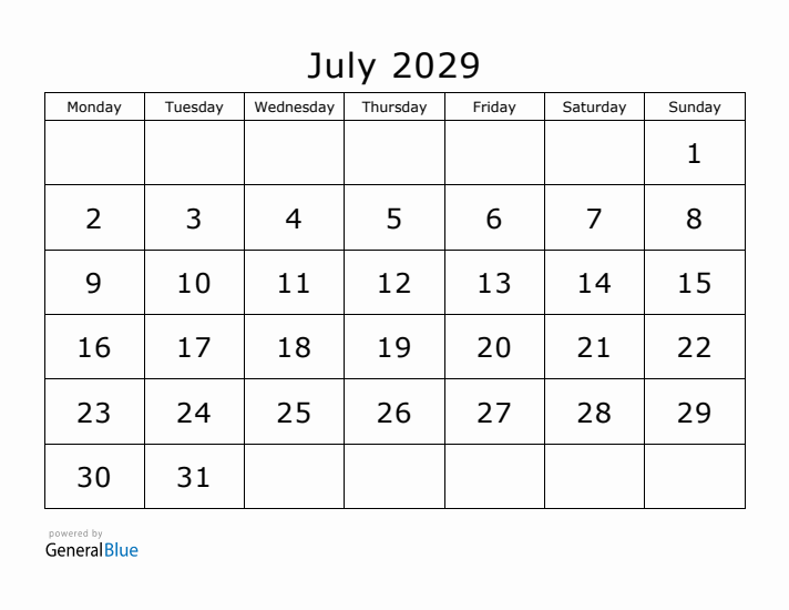 Printable July 2029 Calendar - Monday Start