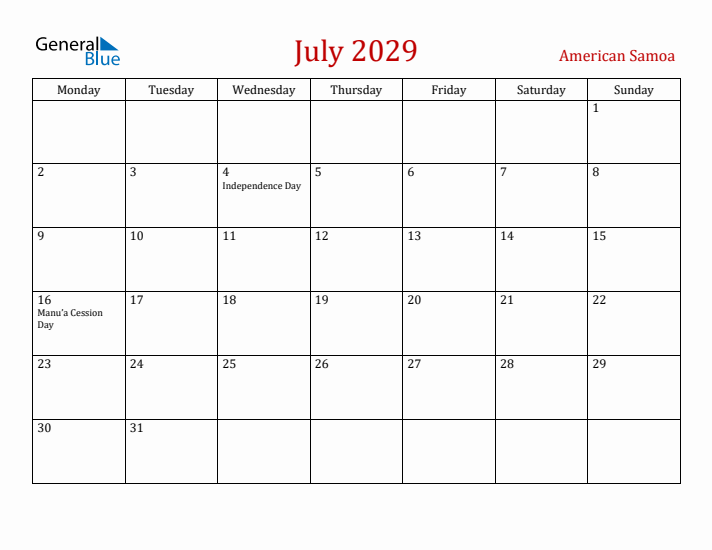 American Samoa July 2029 Calendar - Monday Start