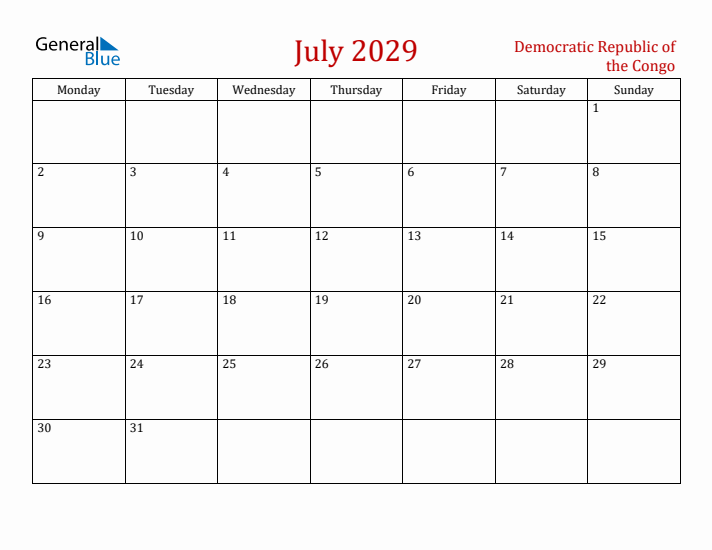 Democratic Republic of the Congo July 2029 Calendar - Monday Start
