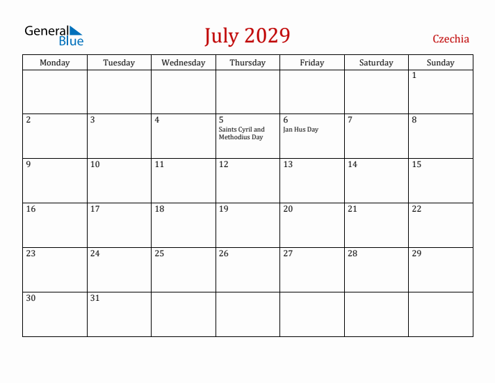Czechia July 2029 Calendar - Monday Start