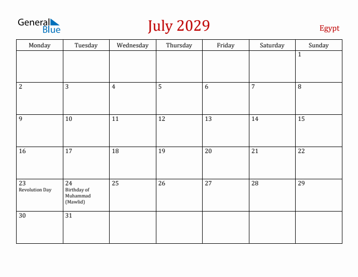 Egypt July 2029 Calendar - Monday Start
